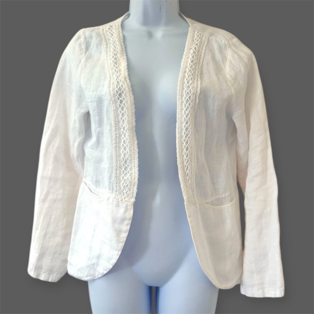 White Linen Blazer Crochet Lace Lapel Size M Lungo L’arno Italy